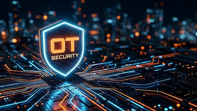 A glowing shield prominently displays ot security against a blurred futuristic backdrop of complex circuitry and digital networks high quality professional