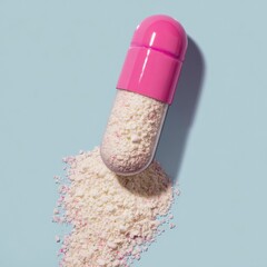 Open Pink Capsule With Powder, Medication, Supplement and Pharmaceutical Product Concept