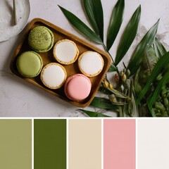 Pastel Macarons with Green Leaves and Soft Color Palette