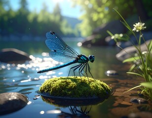 Naklejka premium Azure dragonfly perched on mossy rock in a tranquil stream, sunlit and serene forest background