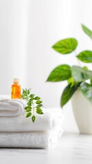 Minimal Spa Still Life with Essential Oil Bottle, Towels and Green Plant