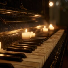 Vintage Piano Keys with Lit Candles Creating Warm Musical and Romantic Atmosphere