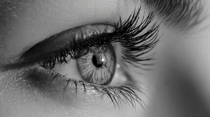 Obraz premium Macro Close-Up of a Human Eye with Long Eyelashes in Black and White