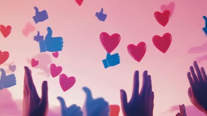 Animated rise of social media engagement with thumbs up and heart reactions over joyful crowd - Powered by Adobe