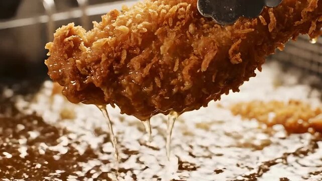 Crispy Fried Chicken Lifting from Hot Oil with Tongs and Dripping Grease