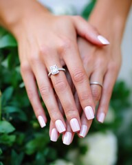 Close-Up of Female Hands with Elegant Diamond Engagement Ring and Manicure