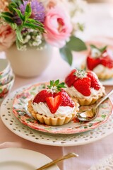 Elegant Strawberry Tart Dessert with Whipped Cream and Floral Decoration