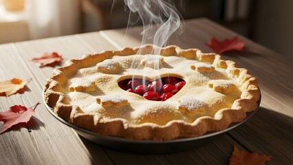 A steaming cherry pie with a heart-shaped cut-out and decorative star cut-outs, dusted with powdered sugar.