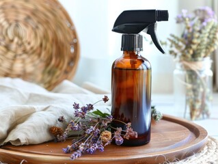 Amber Glass Spray Bottle with Lavender Flowers for Natural Home Cleaning or Aromatherapy