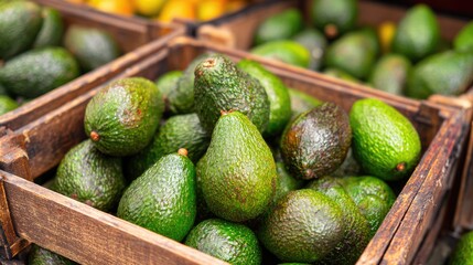 Fresh Organic Avocados in Rustic Wooden Crate at Market