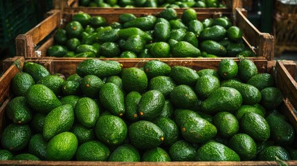 Large Batch of Fresh Green Avocados in Wooden Boxes