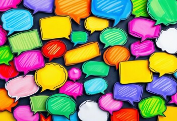 Colorful hand-drawn speech bubbles scattered, representing a lively conversation or brainstorming session,  dialogue,  chat