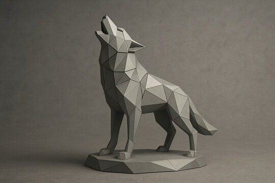 Low poly wolf statue howling, modern art design.