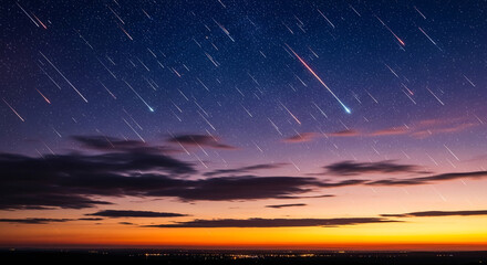 Night sky scene with numerous shooting stars streaking across a colorful sunset over a cityscape, showcasing celestial wonder and natural beauty