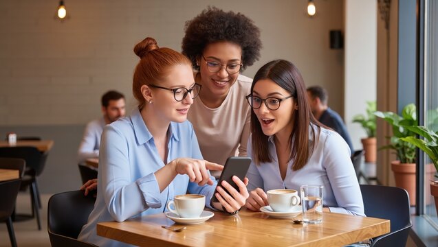 Three diverse female friends looking at a smartphone in a cafe. Young women smiling and sharing content on social media during a coffee break - Powered by Adobe