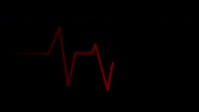 A vivid red neon heartbeat flatline pulse animation on a deep black background, showcasing a glowing electrocardiogram (ECG) line in a seamless loop. 4K Video