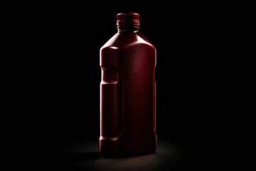Studio product mockup of a red plastic oil bottle isolated on a black background with copy space, ideal for branding, packaging design, advertising, and food or industrial oil product presentation.