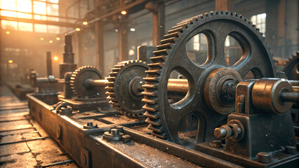 Mechanical parts in warm industrial setting with rich detail