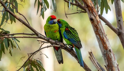 Pair of colorful parrots perched on tree branches in soft sunlight