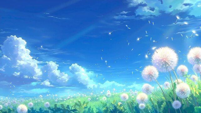 青い空に種が舞う、夢のようなタンポポ畑のアニメ調背景