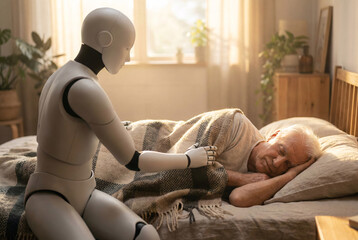 A sleek white humanoid robot adjusting a blanket for a sleeping elderly man in a sunlit bedroom