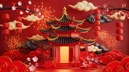 Vibrant traditional Chinese temple surrounded by lanterns clouds and fireworks