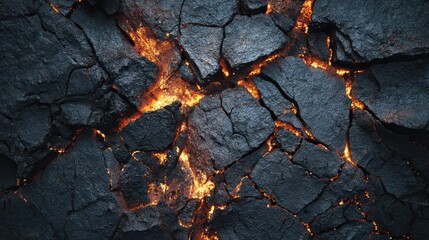 Molten Lava Glowing Through Dark Cracked Volcanic Rock Surface