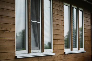 Wooden House Facade with Multiple Windows Featuring Blinds and Reflective Glass
