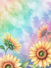 Colorful watercolor background with sunflowers and pastel hues  