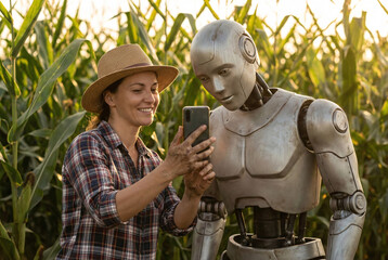 An female modern farmer showing something on a smartphone to a robot in Corns field