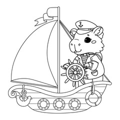 Vector illustration children's coloring book about professions. Linear capybara sailor