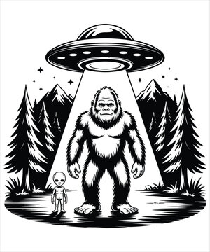 Bigfoot Alien UFO Encounter Forest Mountains Graphic T-shirt Design Illustration