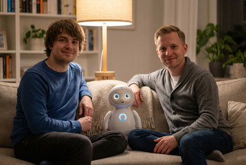 friendly humanoid robot sits beside a European gay couple