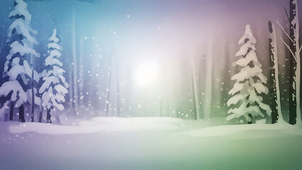 Snowy winter forest landscape with colorful light and falling snow  