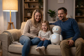 friendly humanoid robot sits beside a white family parents and child on a comfortable sofa