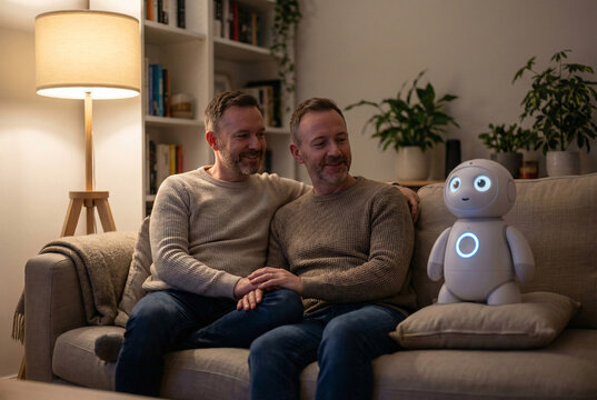 friendly humanoid robot sits beside a gay couple on a comfortable sofa