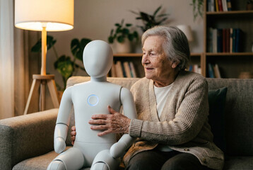 humanoid robot sitting next to an elderly woman on a cozy sofa