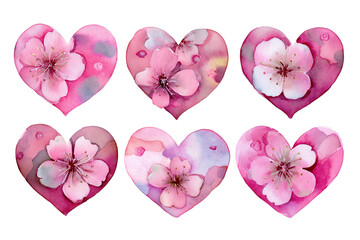 Romantic floral watercolor heart clipart with pink blossom on transparent background for love and Valentine designs. Ideal for cards, invitations, and stickers.