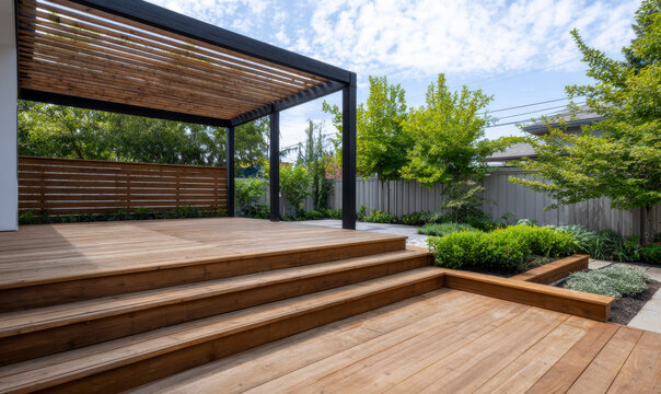 Wooden deck with pergola, steps, and lush garden in a cozy backyard space.