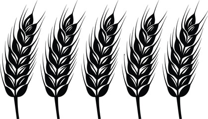 Vector illustration of five black wheat stalks silhouettes arranged in a row isolated on white background for bakery bread logo design © MstFatema