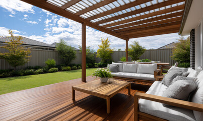 Outdoor living area with deck, pergola, furniture, and landscaping design.