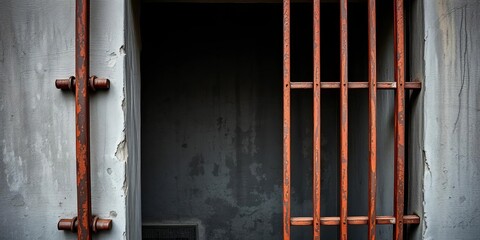 Grungy concrete wall with thick, rusted metal bars, creating a stark, confined atmosphere,  forbidden,  abandoned