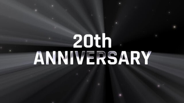 Metallic silver or chrome 20th anniversary or Twentieth text animation with radiant light rays and glowing silver particles on a black gradient background. 