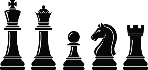 Chess pieces icon set, king queen rook knight pawn silhouettes, strategy board game symbols, black vector illustration isolated © MstFatema