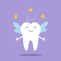 Cute Cartoon Tooth Fairy Character with Wings and Stars.