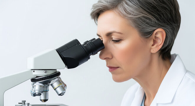 A senior Caucasian woman with short gray hair examines a sample through a microscope in a laboratory setting.  - Powered by Adobe