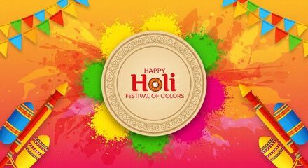 Happy holi festival party banner template design with holi powder color bowls on multicolor background