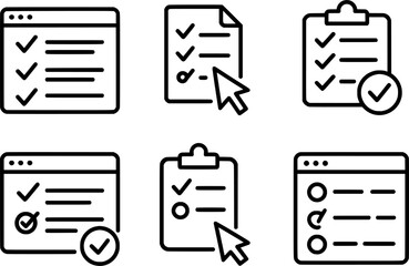 Online task checklist and completion steps icon set