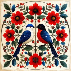 Pair of vibrantly colored birds amidst stylized floral arrangement