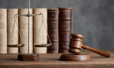 Scales of Justice and Gavel on a wooden table represent law and order.